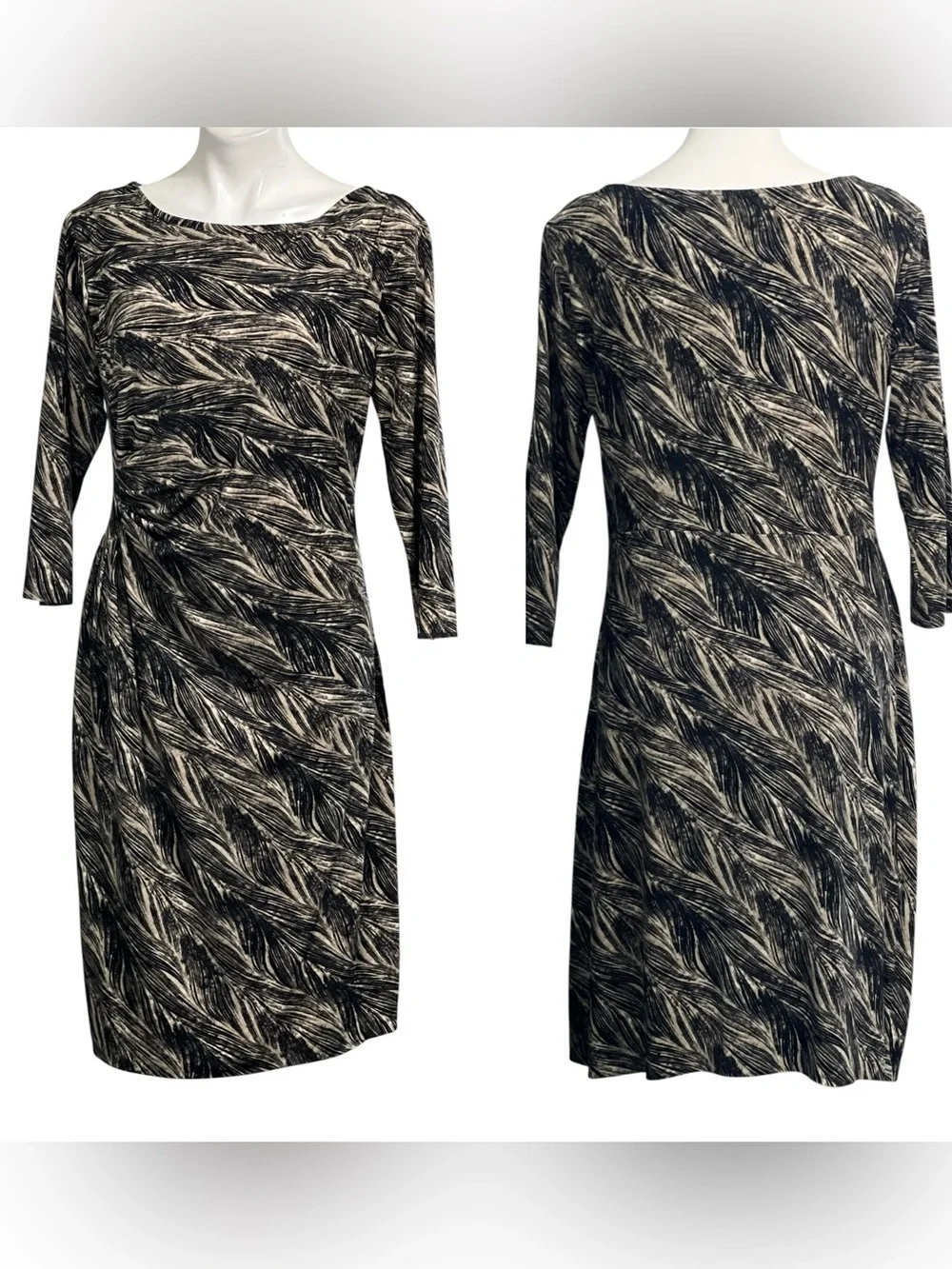 Anne Klein dress XL/16 brown/cream‎ 3/4-Sleeve Boatneck faux wrap office church